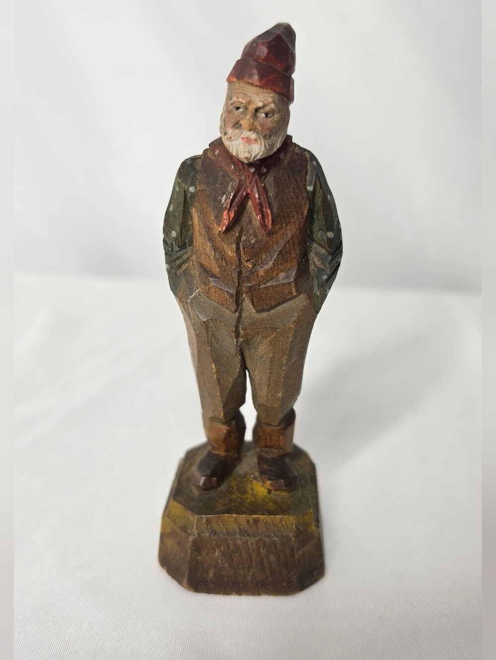 Vtg Scandinavian Flat Plane Wood Carving Old Man Bearded Figurine Folk Art 4.5